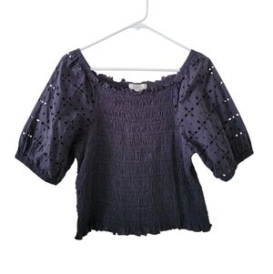 Loft Grey Eyelet Smocked Peplum Top